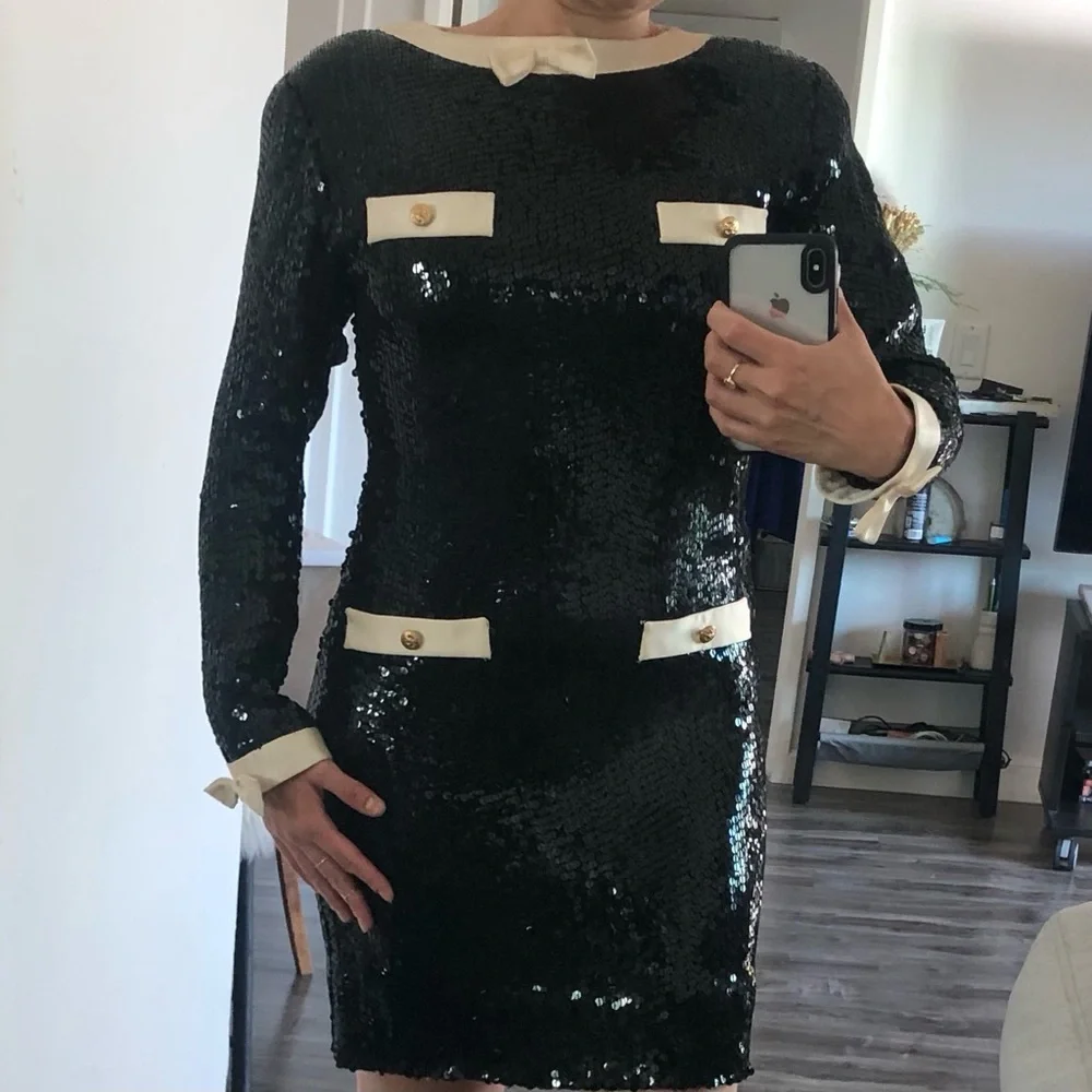 Vintage Black Sequined Cocktail Dress 80’s Long Sleeve Jeanette for St. Martin S - Picture 2 of 9